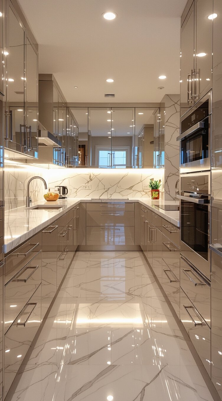 reflective surfaces visually expand kitchens