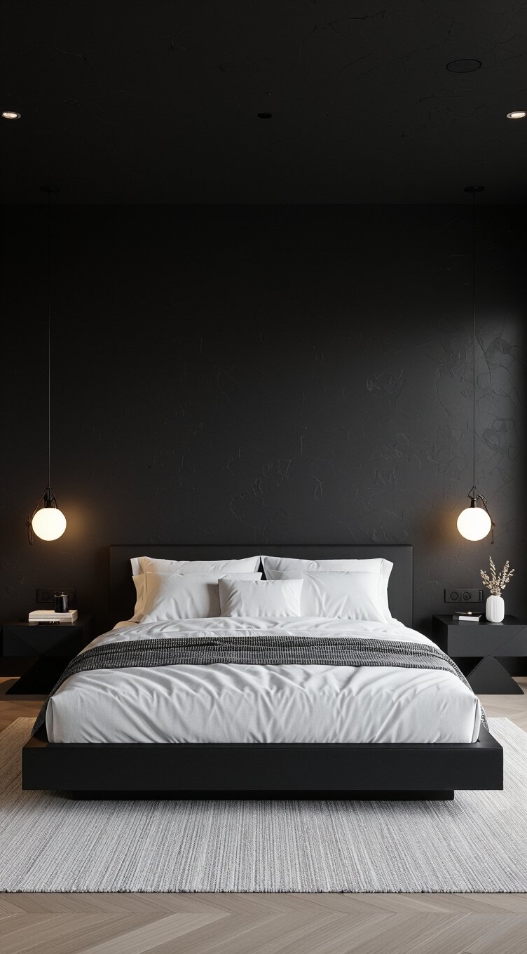 sleek minimalist black bedroom