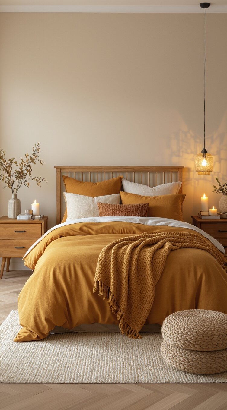 warm caramel lighting uplifts brown bedroom