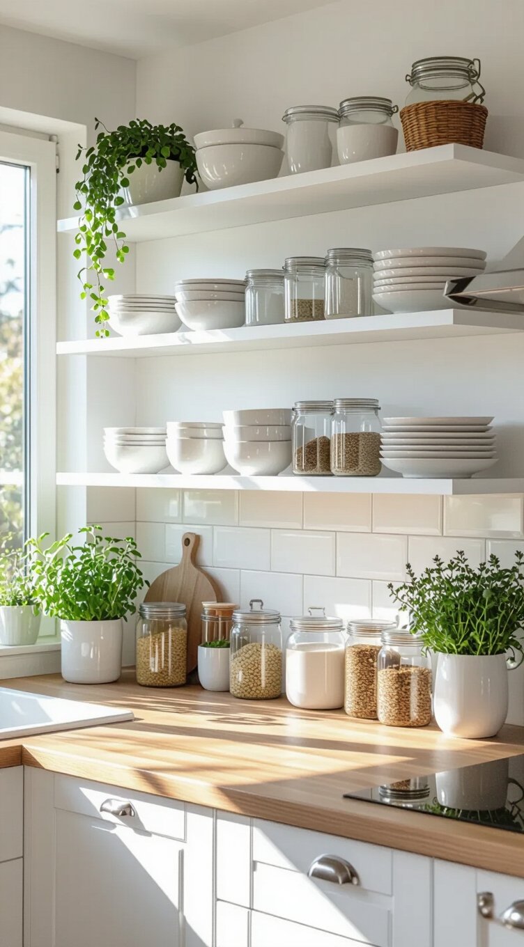 white shelves brighten small kitchens