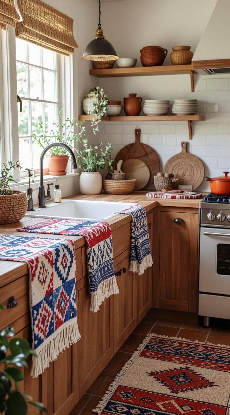 boho mismatched textiles in kitchen
