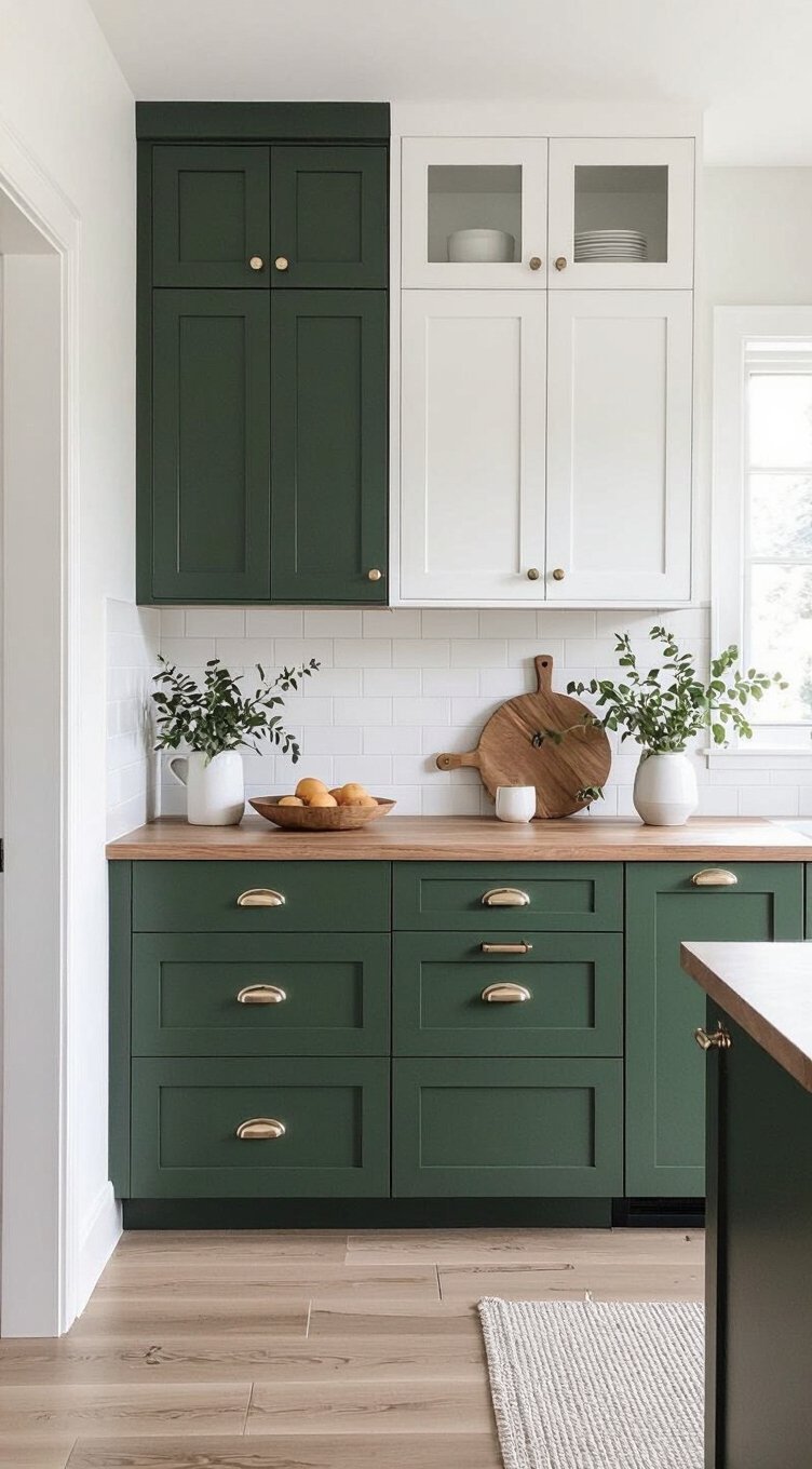 forest green lower cabinets white uppers