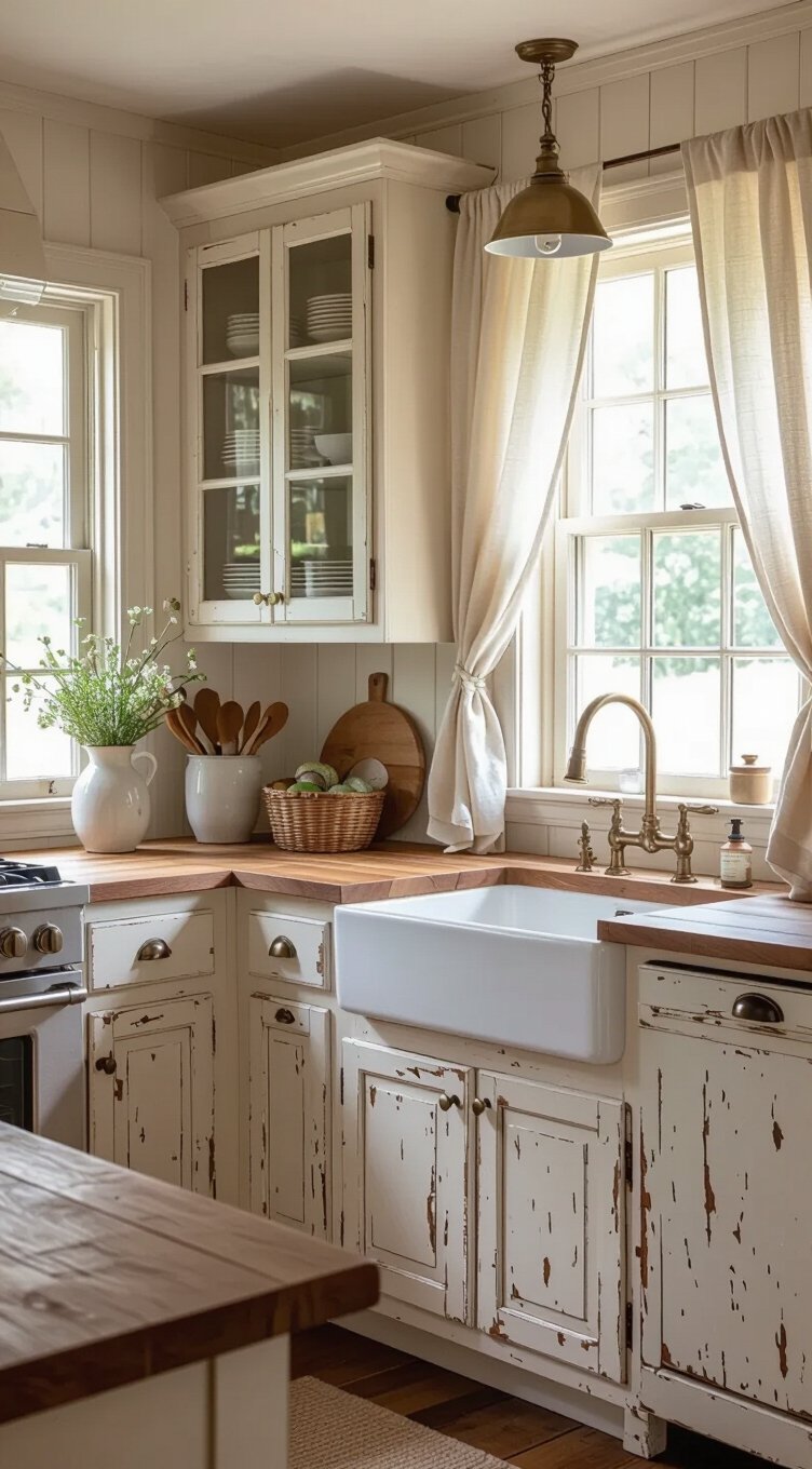 handpainted distressed white cabinets