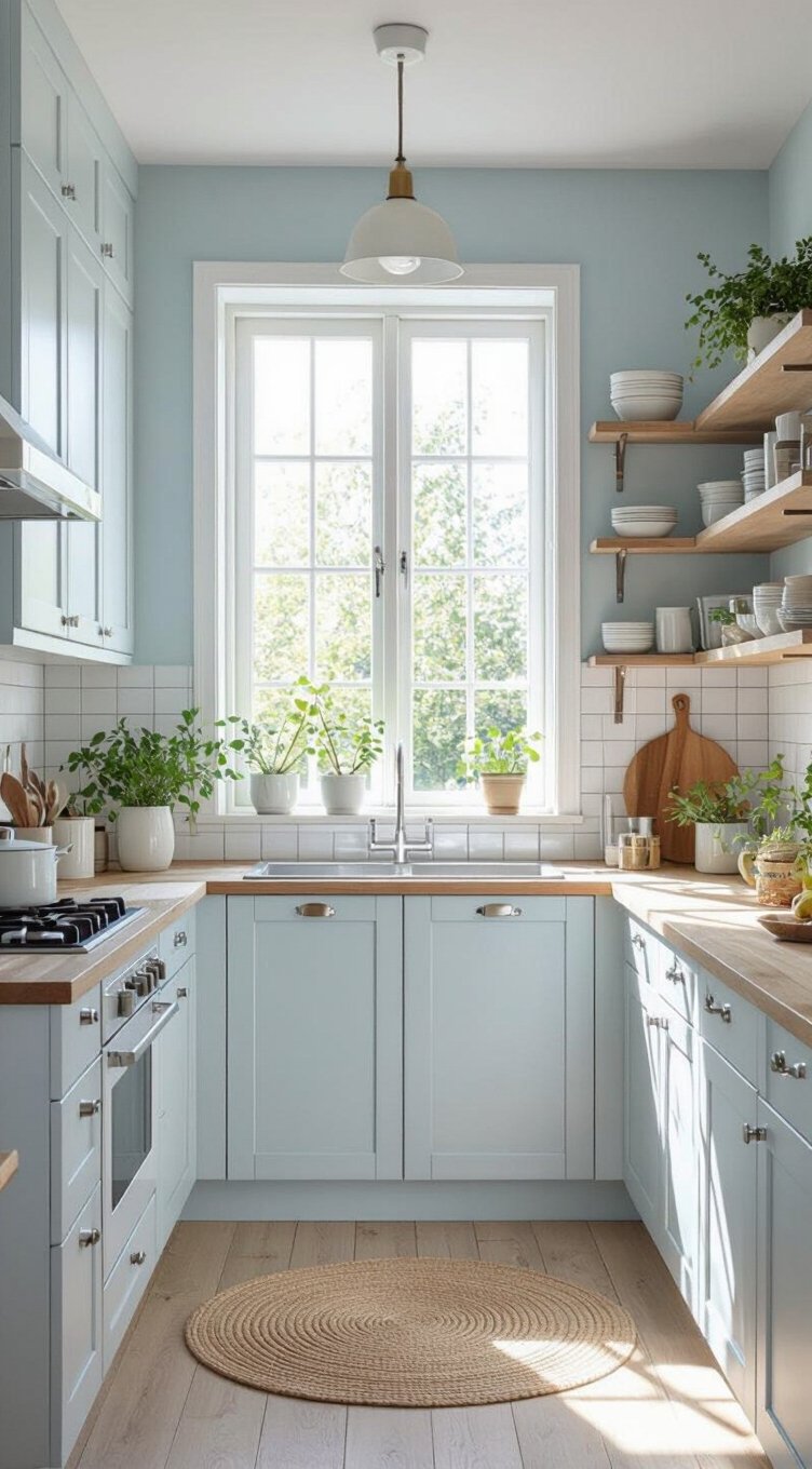 pale blue maximizes small kitchen space