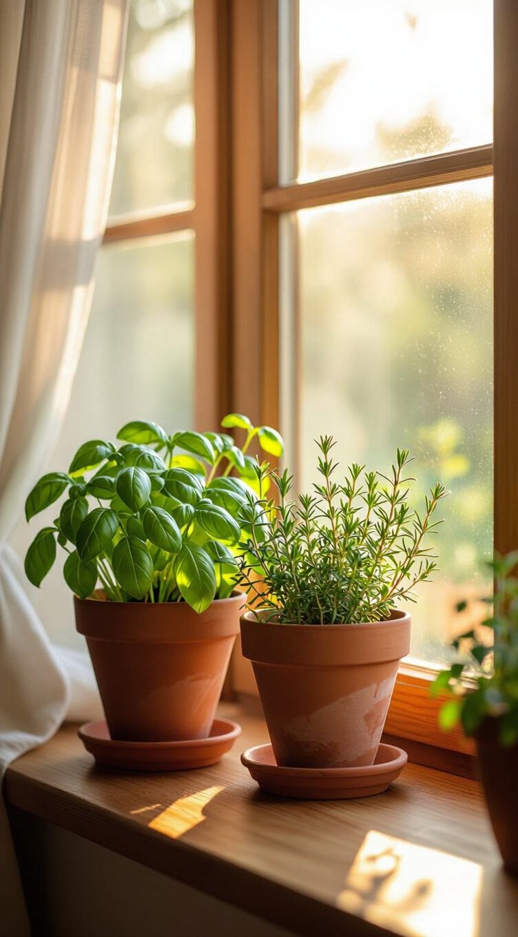 sunlit terracotta herb garden